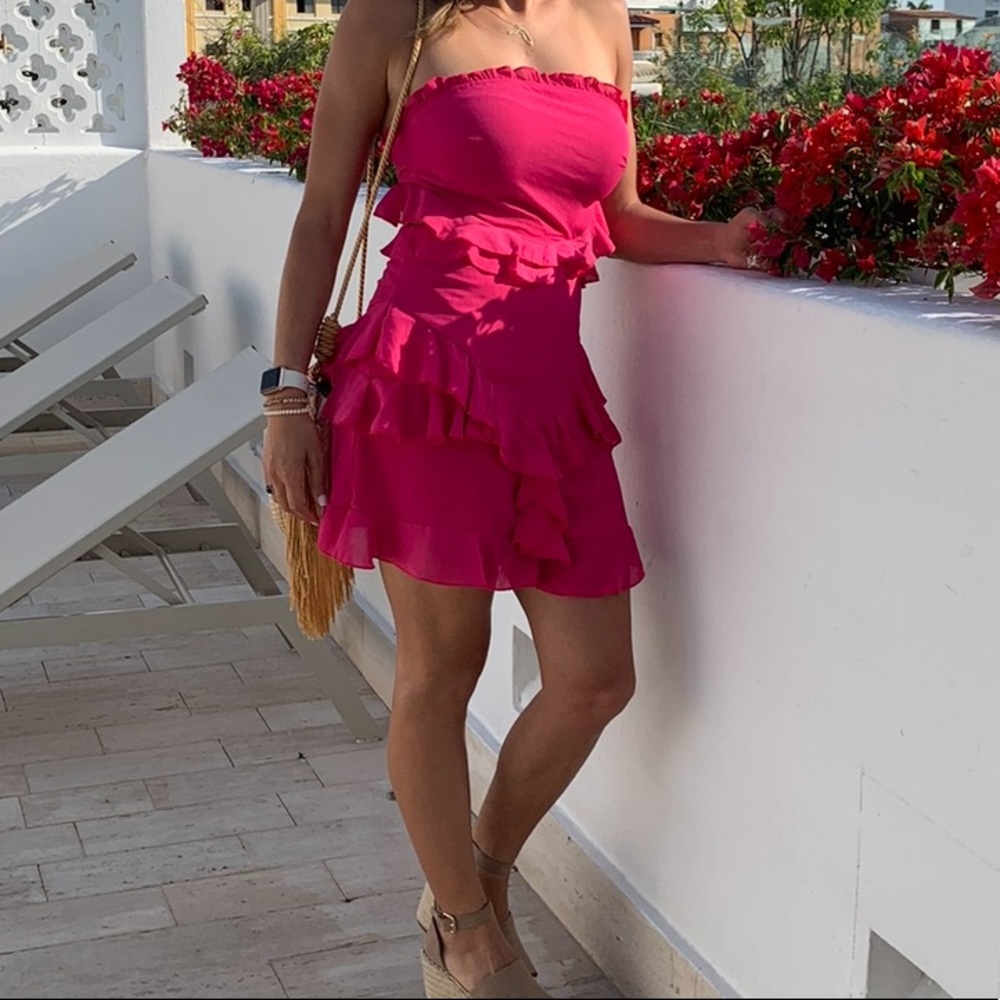Hot Pink Strapless Ruffle Mini Dress